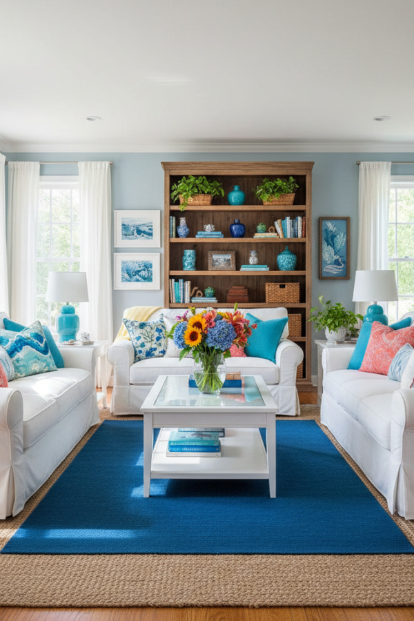 Living Room Blue Rug, Cerulean Blue Solid, White Furniture, Natural Jute Layered, Bright Airy Space