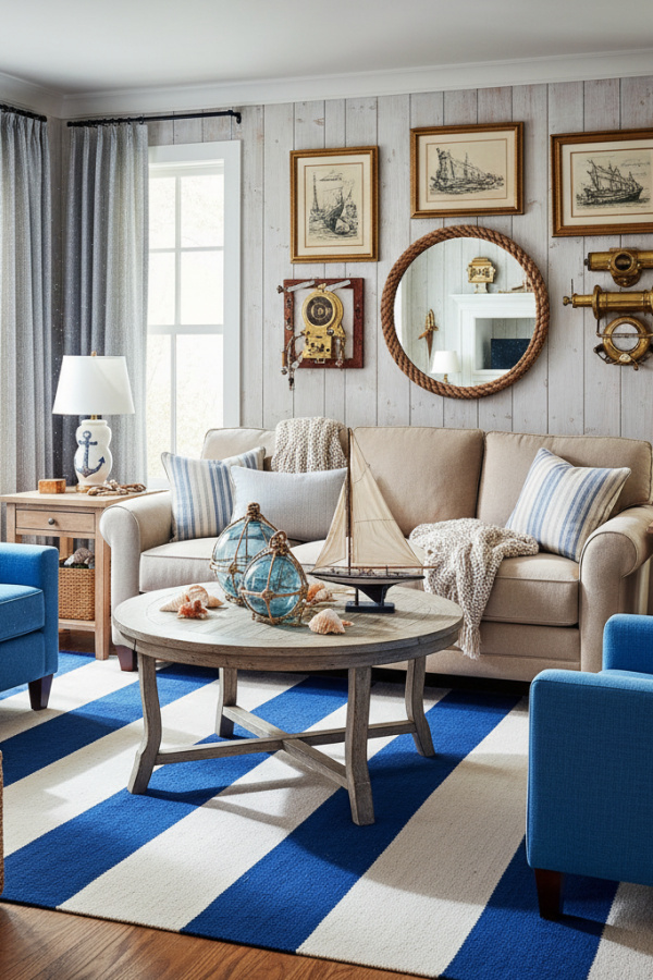 Living Room Blue Rug, Navy Blue White Striped, Beige Sofa, Wood Tones, Sunlit Nautical Space