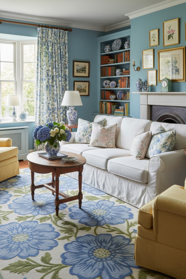 Living Room Blue Rug, Periwinkle Blue Floral, White Slipcovered Sofa, Soft Pastels, Vibrant Cottage Space