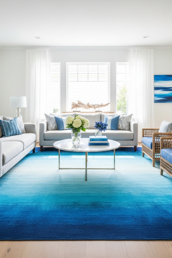 Living Room Blue Rug, Ocean Blue Ombre, Gray Sofa, White Walls, Bright Contemporary Space