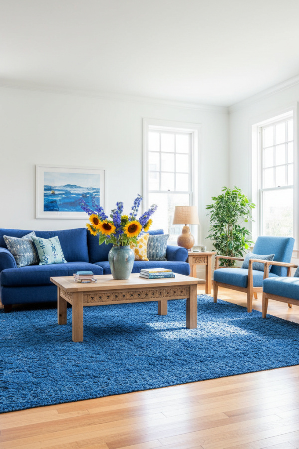 Living Room Blue Rug, Denim Blue Flat Weave, Natural Wood Furniture, White Walls, Sunlit Casual Space