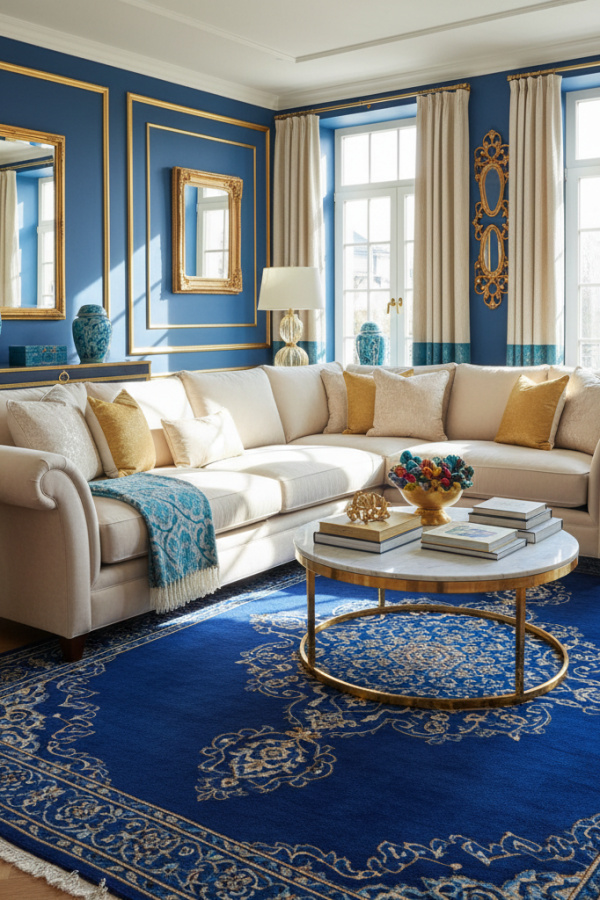 Living Room Blue Rug, Sapphire Blue Medallion, Cream Sofa, Gold Accents, Vibrant Luxe Space