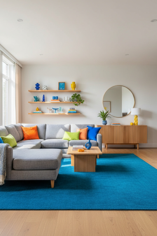 Living Room Blue Rug, Teal Blue Solid, Gray Sectional, Natural Wood Accents, Sunlit Contemporary Space