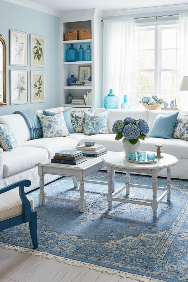 Living Room Blue Rug, Powder Blue Vintage, White Furniture, Light Wood Floor, Vibrant Shabby Chic Space