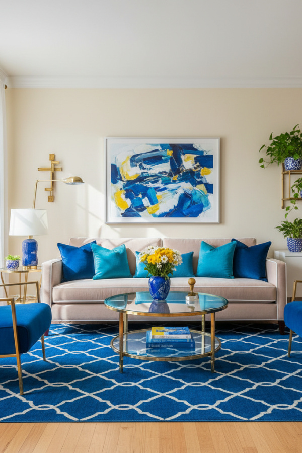 Living Room Blue Rug, Cobalt Blue Geometric Pattern, Beige Sofa, White Trim, Bright Modern Space