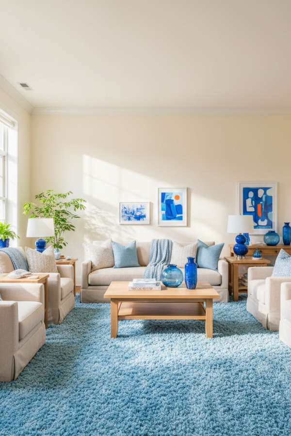 Living Room Blue Rug, Sky Blue Shag, Neutral Furniture, Cream Walls, Sunlit Scandinavian Space