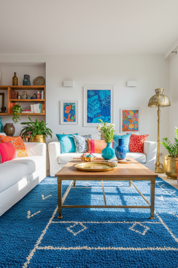 Living Room Blue Rug, Indigo Blue Moroccan, White Sofa, Wood Coffee Table, Vibrant Bohemian Space