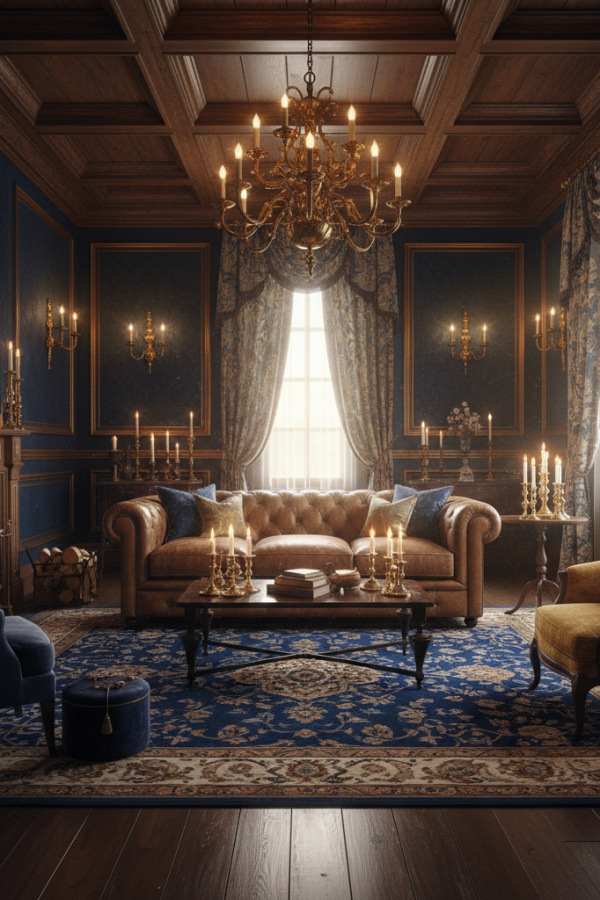 Living Room Blue Rug, Royal Blue Oriental, Brown Leather Sofa, Dark Wood, Sunlit Traditional Space