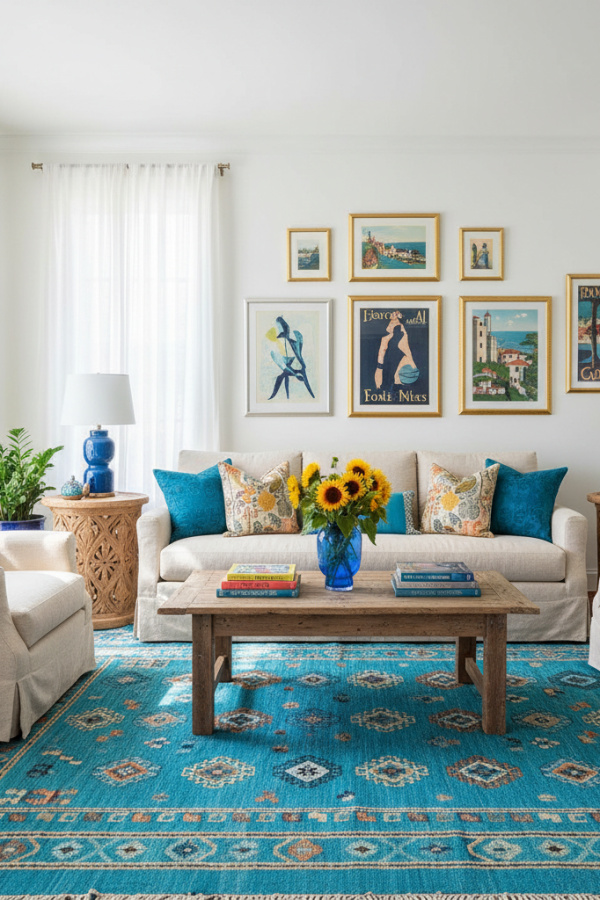Living Room Blue Rug, Turquoise Blue Kilim, Natural Linen Sofa, White Walls, Vibrant Eclectic Space