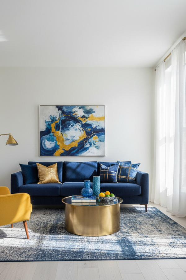 Living Room Blue Yellow, Navy Blue Sofa, Single Mustard Yellow Accent Chair, White Walls, Bright Modern Space