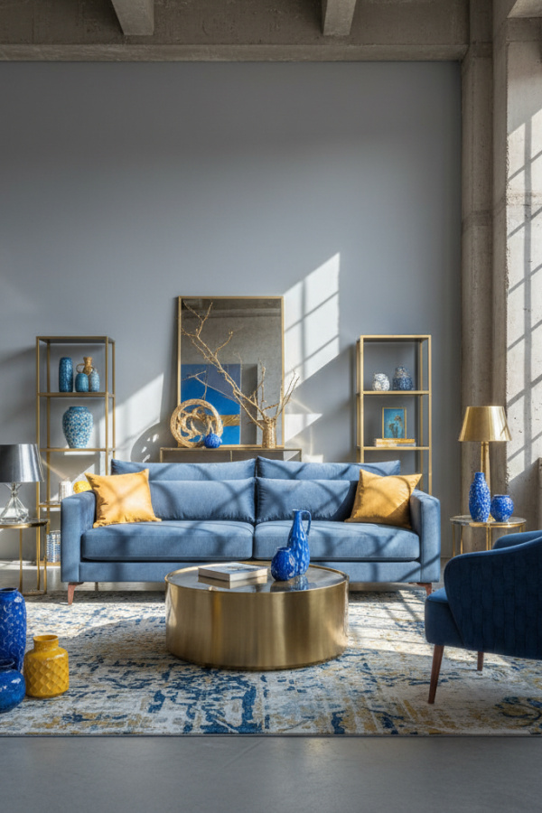 Living Room Blue Yellow, Steel Blue Sofa, Two Golden Yellow Throw Pillows, Gray Walls, Bright Industrial Space