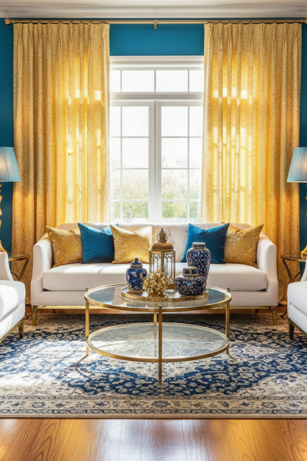 Living Room Blue Yellow, Cerulean Blue Accent Wall, Two Pale Yellow Curtain Panels, White Furniture, Sunlit Airy Space
