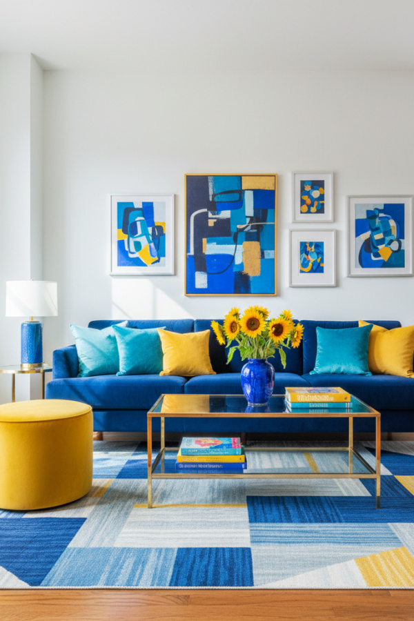 Living Room Blue Yellow, Midnight Blue Sofa, Single Mustard Yellow Ottoman, White Walls, Vibrant Contemporary Space