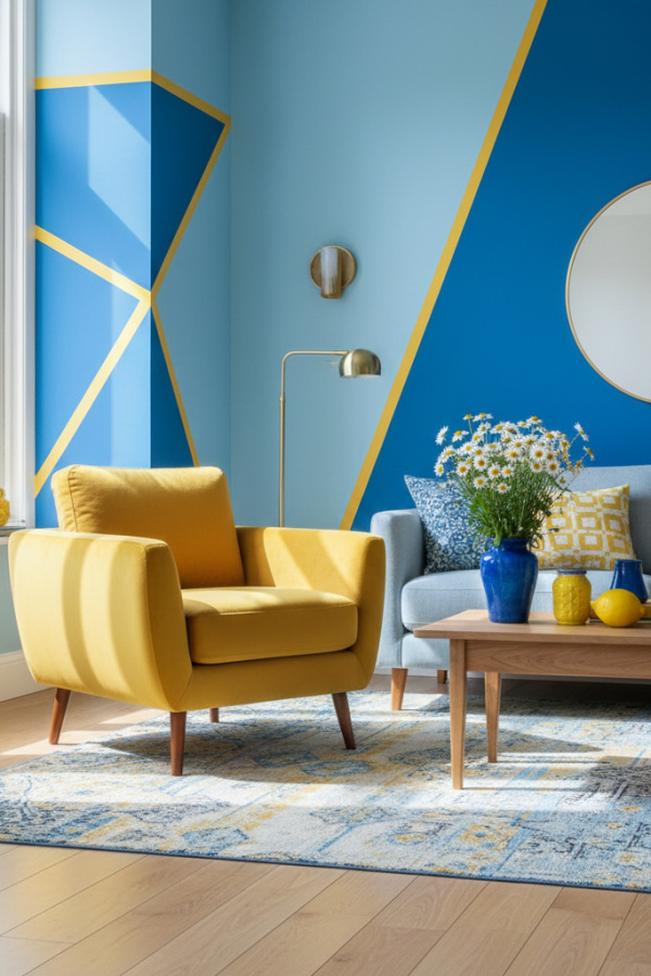 Living Room Blue Yellow, Light Blue Walls, Single Butter Yellow Armchair, Natural Wood Coffee Table, Bright Casual Space