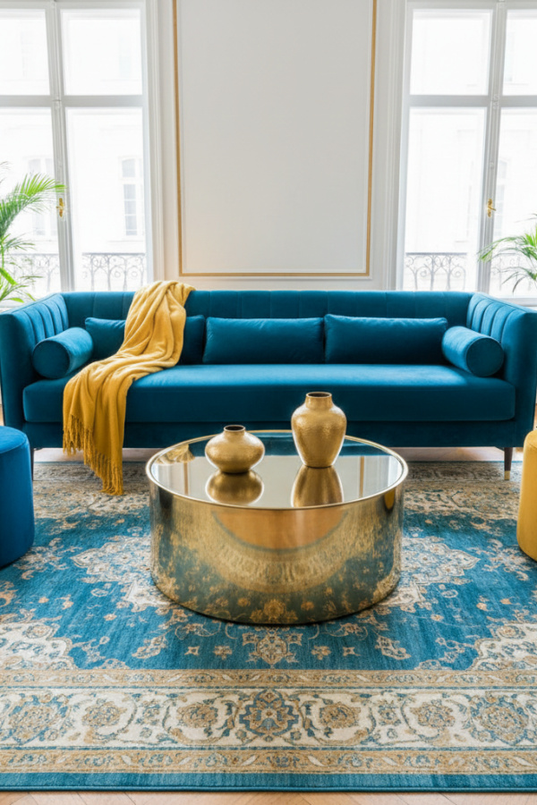 Living Room Blue Yellow, Teal Blue Velvet Sofa, Single Golden Yellow Throw Blanket, White Walls, Vibrant Luxe Space