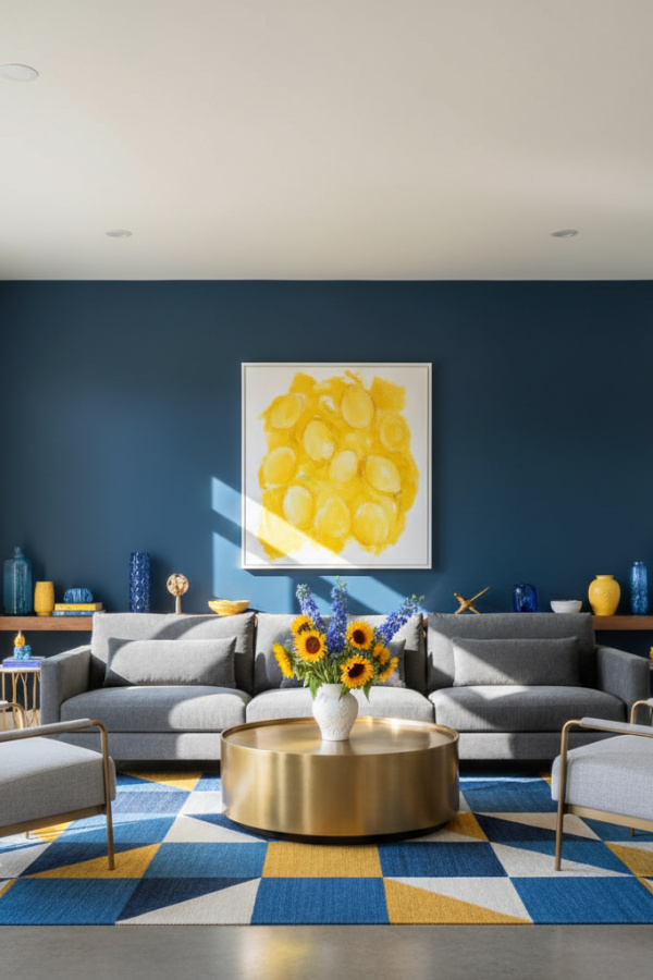 Living Room Blue Yellow, Navy Blue Accent Wall, Single Large Lemon Yellow Artwork, Gray Furniture, Bright Minimalist Space