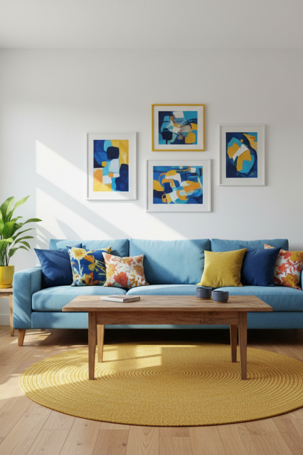 Living Room Blue Yellow, Sky Blue Sofa, Single Mustard Yellow Rug, White Walls, Sunlit Fresh Space