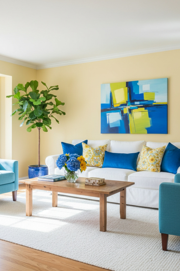 Living Room Blue Yellow, Three Cobalt Blue Pillows, Pale Yellow Walls, White Sofa, Vibrant Light-Filled Space