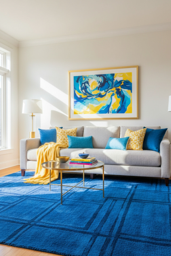 Living Room Blue Yellow, Cobalt Blue Rug, Single Butter Yellow Throw Blanket, Gray Sofa, Bright Cheerful Space