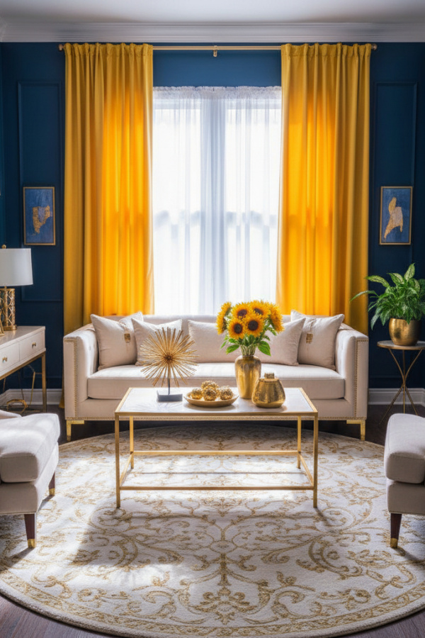 Living Room Blue Yellow, Navy Blue Walls, Two Golden Yellow Curtain Panels, Cream Furniture, Sunlit Modern Traditional Space