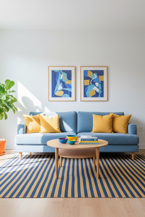 Living Room Blue Yellow, Powder Blue Sofa, Three Mustard Yellow Pillows, White Walls, Vibrant Scandinavian Space