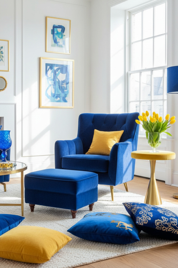 Living Room Blue Yellow, Royal Blue Velvet Chair, Single Lemon Yellow Side Table, White Walls, Bright Bold Space