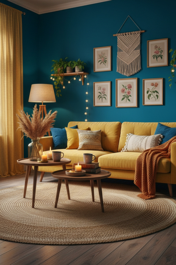 Living Room Blue Yellow, Turquoise Blue Walls, Soft Yellow Sofa, Single Natural Jute Rug, Sunlit Bohemian Space