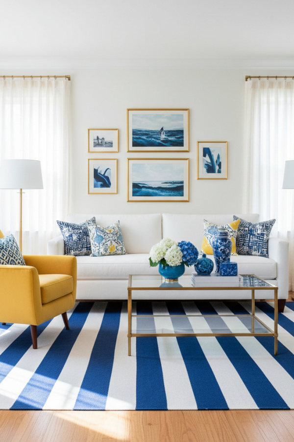 Living Room Blue Yellow, Navy Blue Striped Rug, Single Sunshine Yellow Accent Chair, White Walls, Vibrant Preppy Space