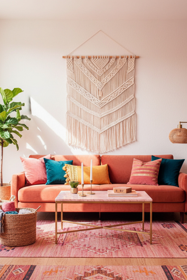 Modern Boho Living Room, Terracotta Velvet Sofa, Two Woven Baskets, Single Macrame Wall Hanging, Bright Clean Space