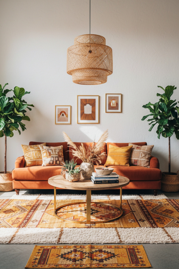 Modern Boho Living Room, Burnt Sienna Sofa, Woven Pendant Light, Three Layered Rugs, Bright Global Space