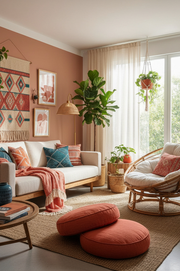 Modern Boho Living Room, Natural Linen Sofa, Single Rattan Chair, Two Floor Cushions, Sunlit Relaxed Space