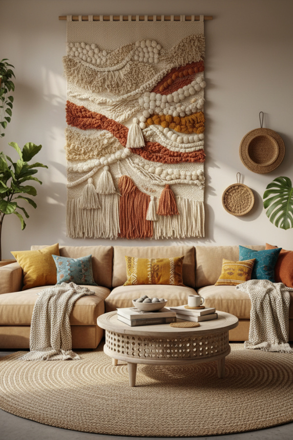 Modern Boho Living Room, Warm Beige Sectional, Single Woven Wall Art, Three Plants, Bright Organic Space