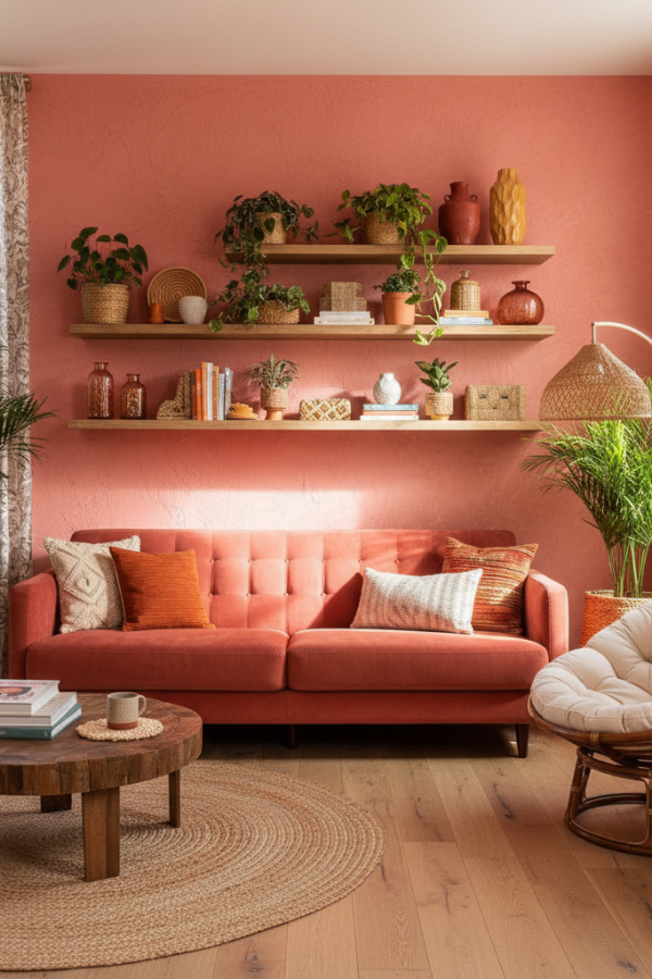 Modern Boho Living Room, Coral Pink Sofa, Natural Wood Shelving, Two Ceramic Vases, Sunlit Cheerful Space