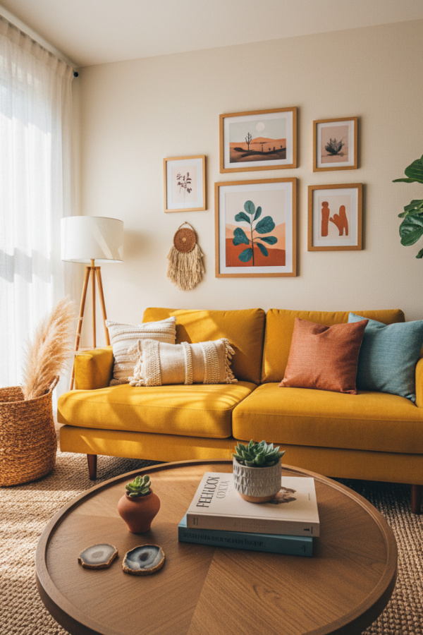 Modern Boho Living Room, Mustard Yellow Loveseat, Rattan Basket, Single Pampas Grass, Vibrant Cozy Space