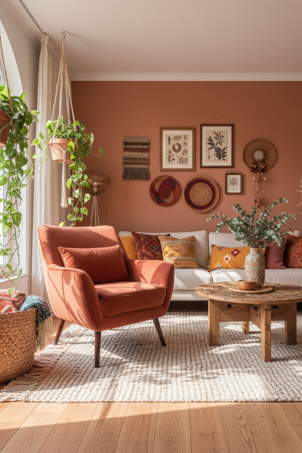 Modern Boho Living Room, Clay Red Armchair, Woven Basket Storage, Two Macrame Planters, Sunlit Earthy Space