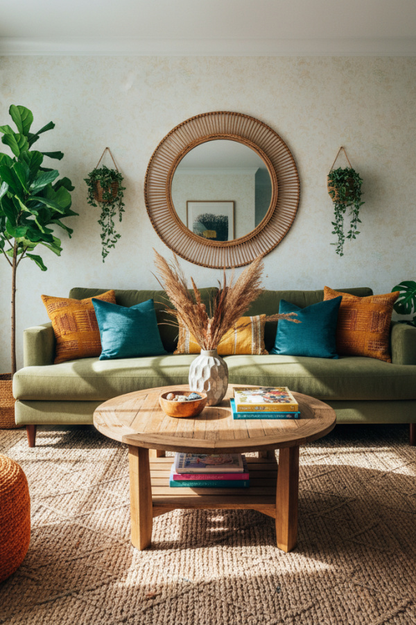 Modern Boho Living Room, Olive Green Sofa, Single Large Mirror, Three Throw Pillows, Vibrant Balanced Space