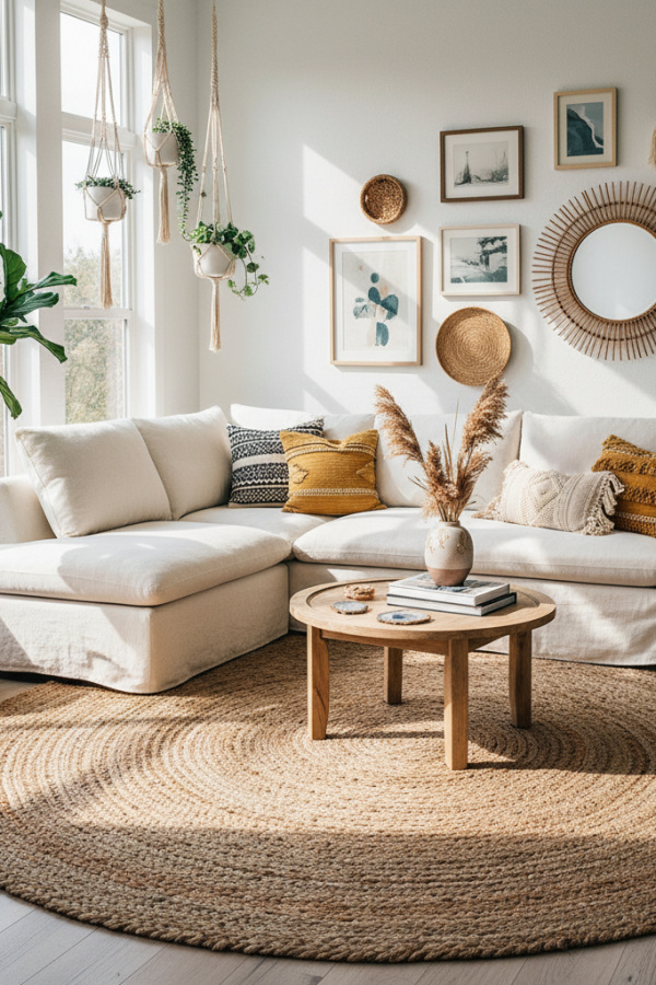 Modern Boho Living Room, Cream Linen Sectional, Jute Rug, Three Throw Pillows, Sunlit Airy Space