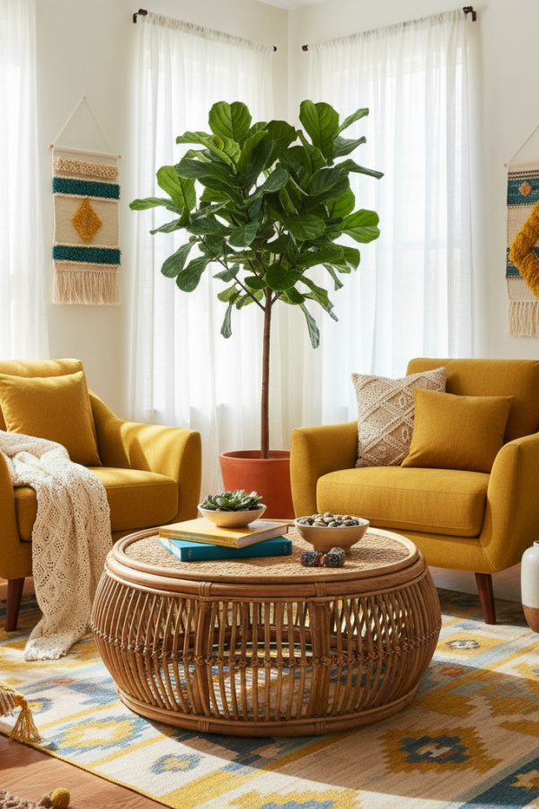 Modern Boho Living Room, Ochre Yellow Accent Chair, Natural Rattan Coffee Table, One Large Plant, Vibrant Minimal Space