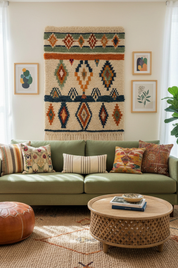 Modern Boho Living Room, Sage Green Sofa, Moroccan Pouf, Single Wall Tapestry, Bright Curated Space