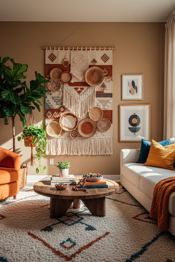 Modern Boho Living Room, Rust Orange Armchair, Woven Wall Basket, Two Potted Plants, Sunlit Simple Space