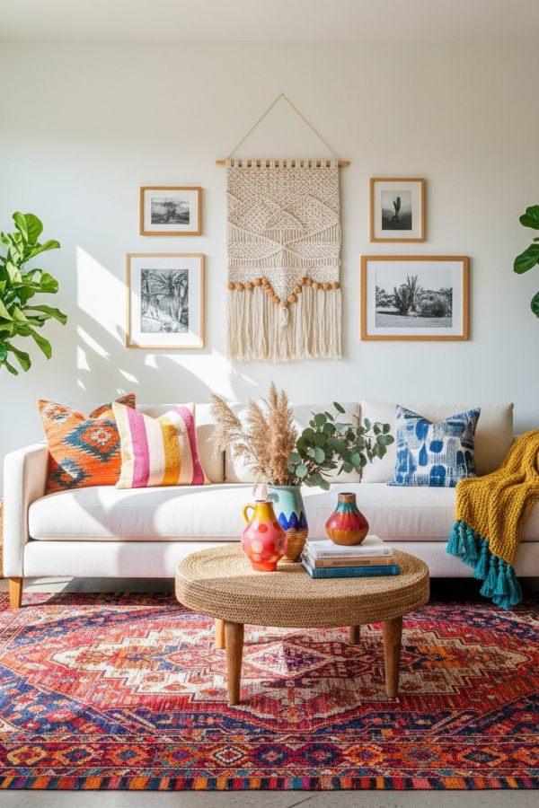 Modern Boho Living Room, Ivory Sofa, Colorful Kilim Rug, Three Cushions, Vibrant Edited Space