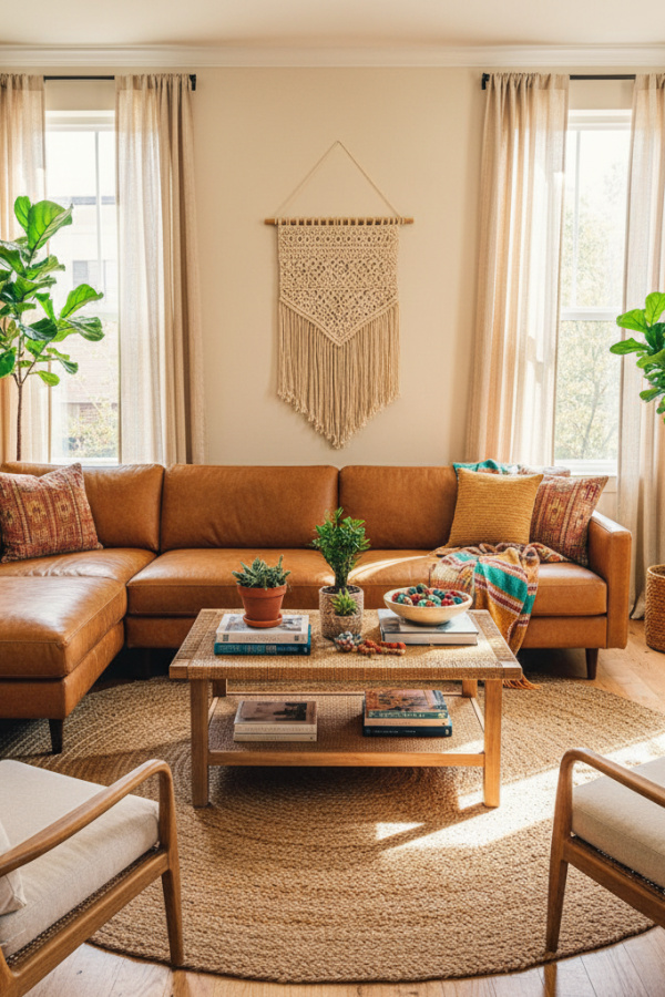 Modern Boho Living Room, Camel Brown Leather Sofa, Single Macrame Hanging, Natural Wood Coffee Table, Bright Warm Space