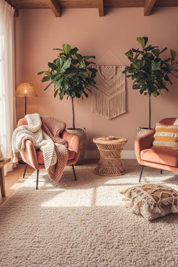 Modern Boho Living Room, Dusty Pink Velvet Chair, Rattan Side Table, Two Throw Blankets, Sunlit Soft Space