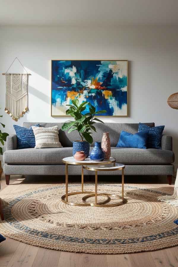 Modern Boho Living Room, Charcoal Gray Sofa, Textured Jute Rug, Single Large Artwork, Vibrant Refined Space