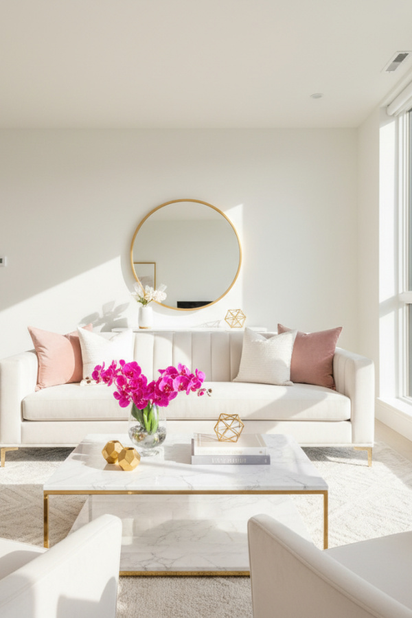 Modern Glam Minimalist Living Room, White Velvet Sofa, 2 Blush Pink Pillows, 1 Marble Coffee Table Modern Glam Minimalist Living Room, White Velvet Sofa, 2 Blush Pink Pillows, 1 Marble Coffee Table