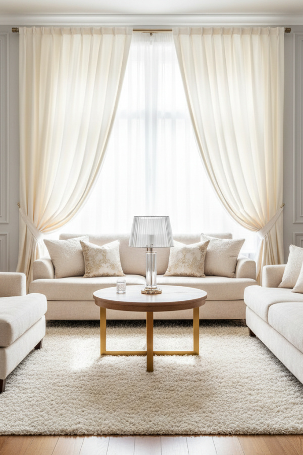 Modern Serene Sophistication Living Room, Soft Gray Walls, 1 Crystal Table Lamp, 2 Cream Silk Curtains Modern Serene Sophistication Living Room, Soft Gray Walls, 1 Crystal Table Lamp, 2 Cream Silk Curtains