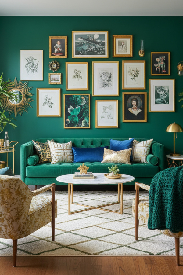 Modern Eclectic Glam Living Room, Emerald Green Sofa, 1 Gold-Framed Gallery Wall, 1 Marble Side Table Modern Eclectic Glam Living Room, Emerald Green Sofa, 1 Gold-Framed Gallery Wall, 1 Marble Side Table