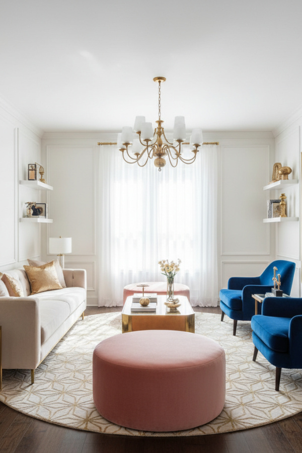 Modern Polished Chic Living Room, White Lacquered Walls, 2 Blush Velvet Ottomans, 1 Brass Chandelier Modern Polished Chic Living Room, White Lacquered Walls, 2 Blush Velvet Ottomans, 1 Brass Chandelier
