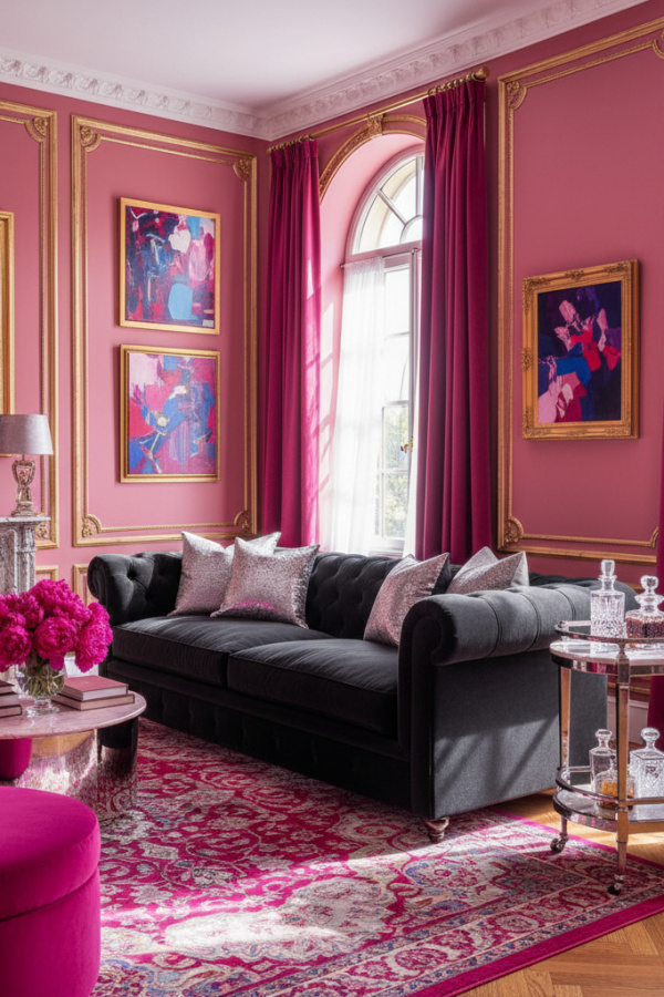 Modern Royalty Living Room, Black Velvet Sofa, 1 Marble-Top Bar Cart, 2 Metallic Silver Pillows Modern Royalty Living Room, Black Velvet Sofa, 1 Marble-Top Bar Cart, 2 Metallic Silver Pillows