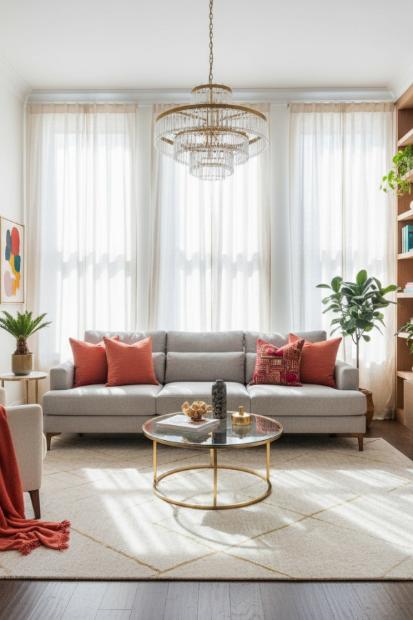 Modern Airy Luxe Living Room, Light Gray Linen Sofa, 1 Glass Chandelier, 2 Coral Accent Pillows Modern Airy Luxe Living Room, Light Gray Linen Sofa, 1 Glass Chandelier, 2 Coral Accent Pillows